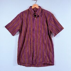 Carlon Button Down Shirt Mens 42 Medium Purple Orange Striped Retro Boho Top NEW